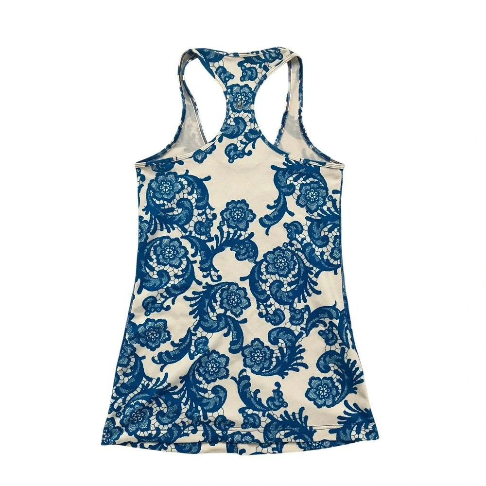 Lululemon Racerback Tank Top Blue‎ White Floral Lace Print Activewear